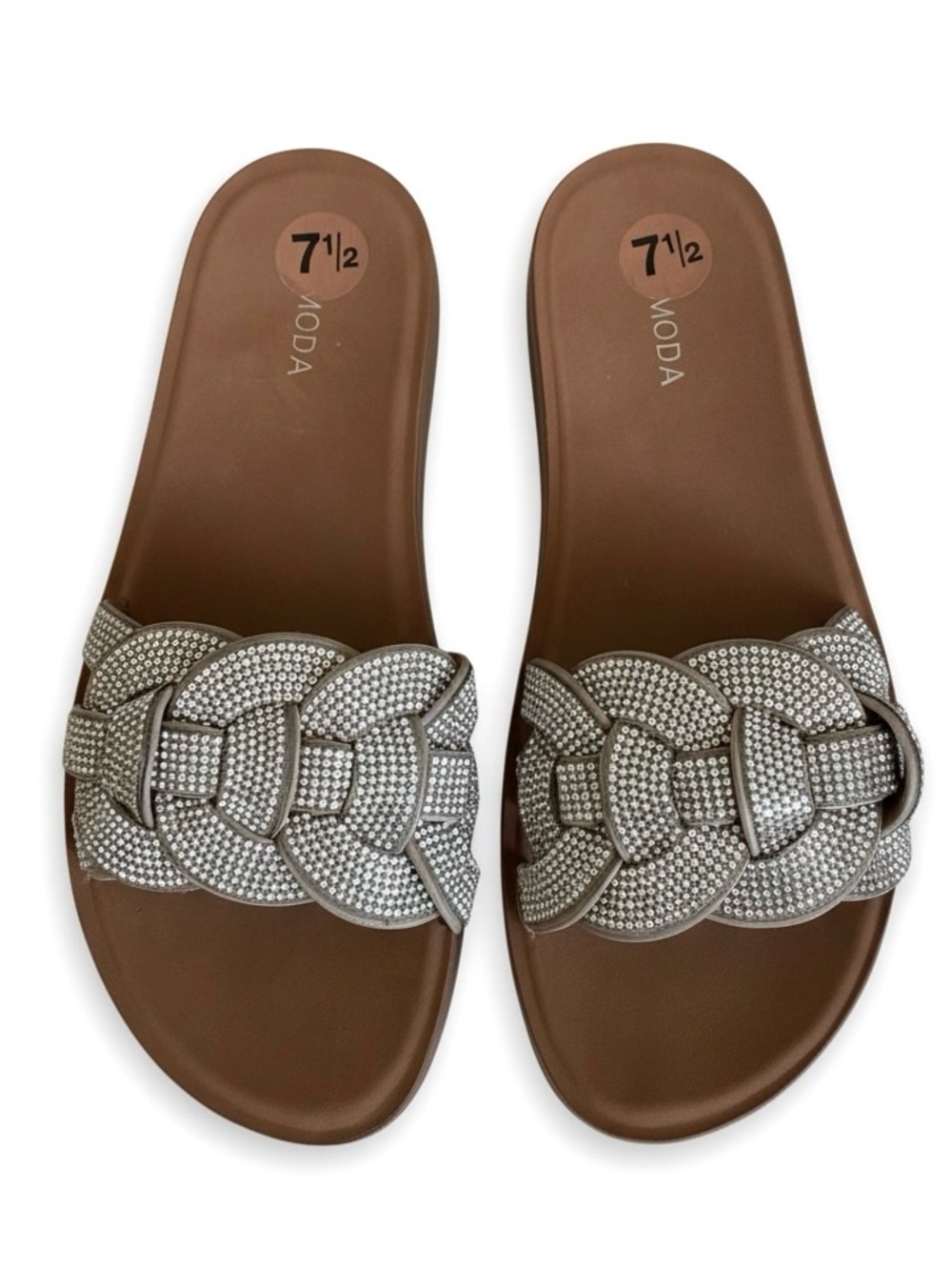 Moda Rhinestone Chain Slide Sandals Brown Flat Slip On Shoes Sparkle 7.5